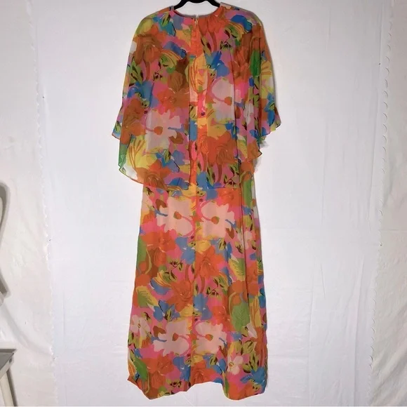 Vintage 60’s 70’s Orange Pink Blue Floral Capelet Chiffon Maxi Dress M Boho - Picture 2 of 16